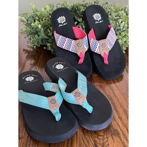 2 Pairs Yellow Box Women's Multi Color And Green Flip Flops Sandals Size 9